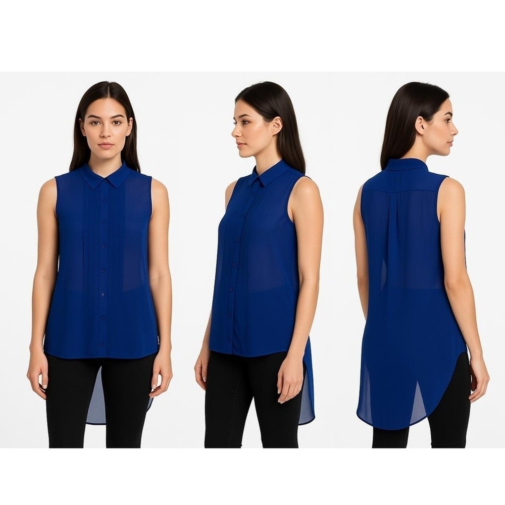 Dex Blouse Womans Large Pleated Front Blue Sheer Sleeveless Tails Button Down